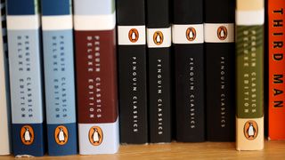 The Penguin logo is visible on the spines of books displayed on a shelf at Book Passage on November 02, 2021 in Corte Madera, California.